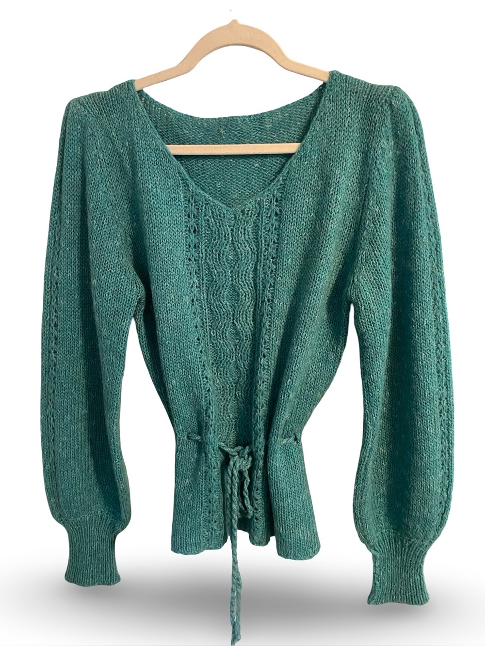Vintage wool Emerald Green V-Neck Drawstring Sweater